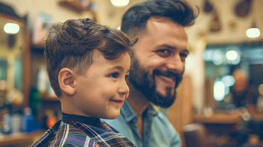 A father and son sharing a moment of joy after a successful grooming session.