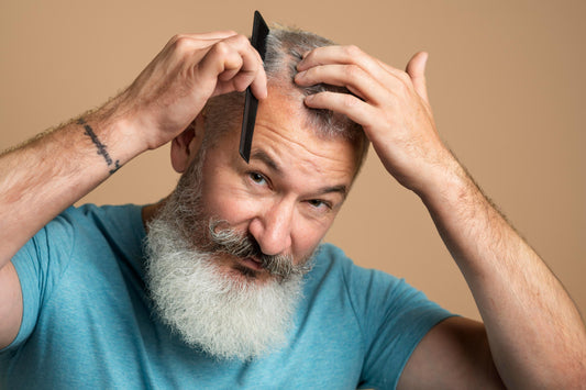 mature male styling thinning hair with confidence