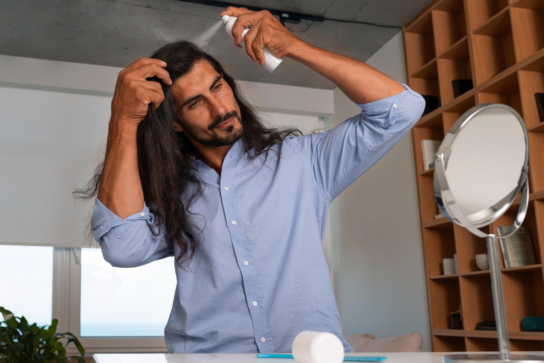 Man using heat protectant spray before hair drying