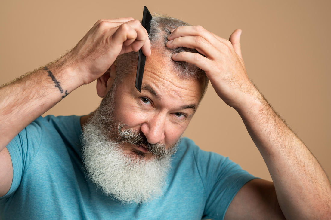 mature male styling thinning hair with confidence
